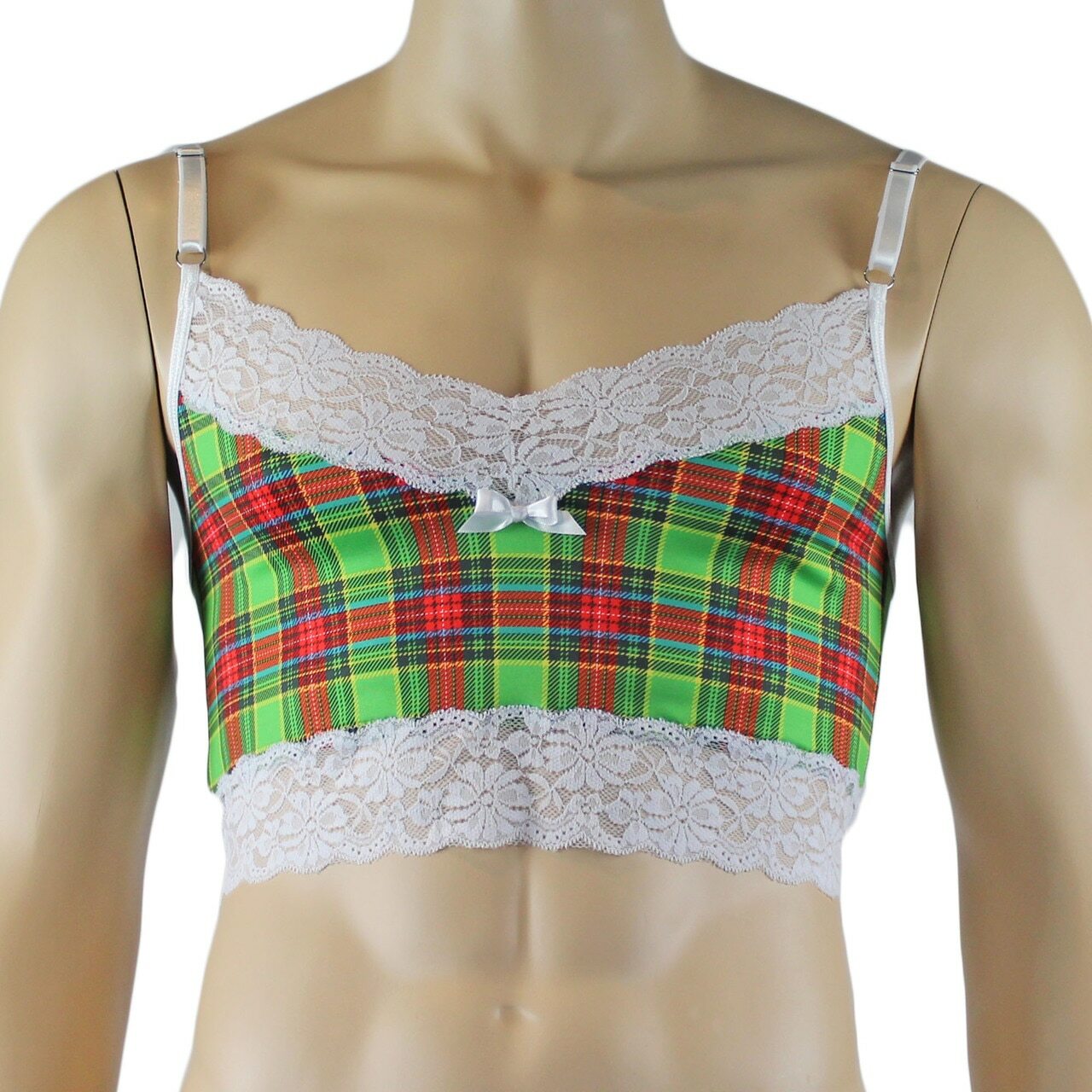 Mens Plaid Tartan Camisole Top & High Waist Thong Green and Red