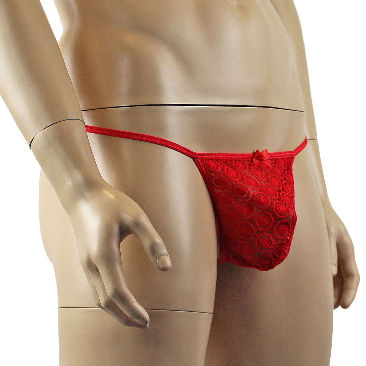 Mens Tease Circle Lace Pouch G string with Cute Bow Front Red