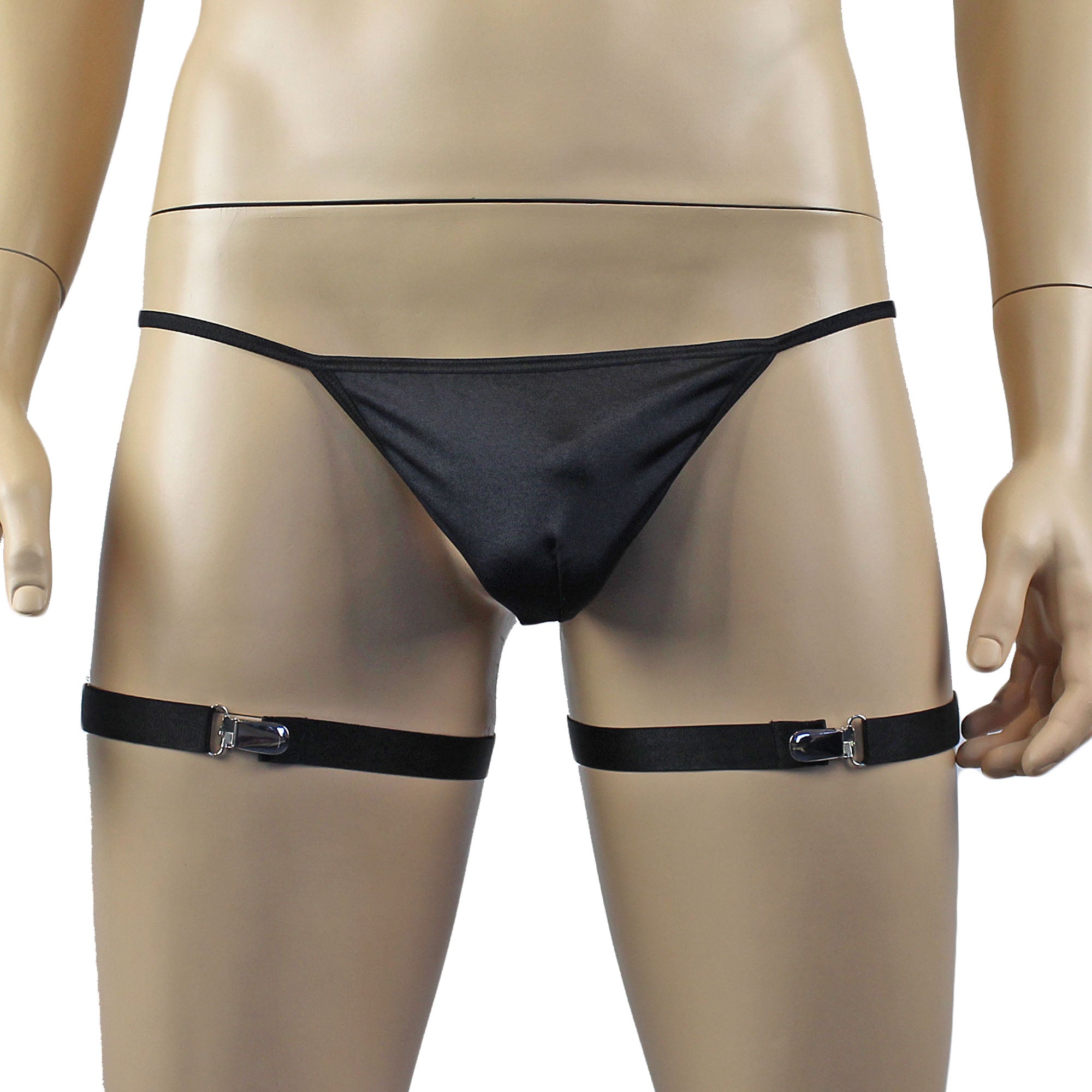 Mens Janice Thong with Adjustable Silver Clip Sides, Garterbelt & Leg Bands Black