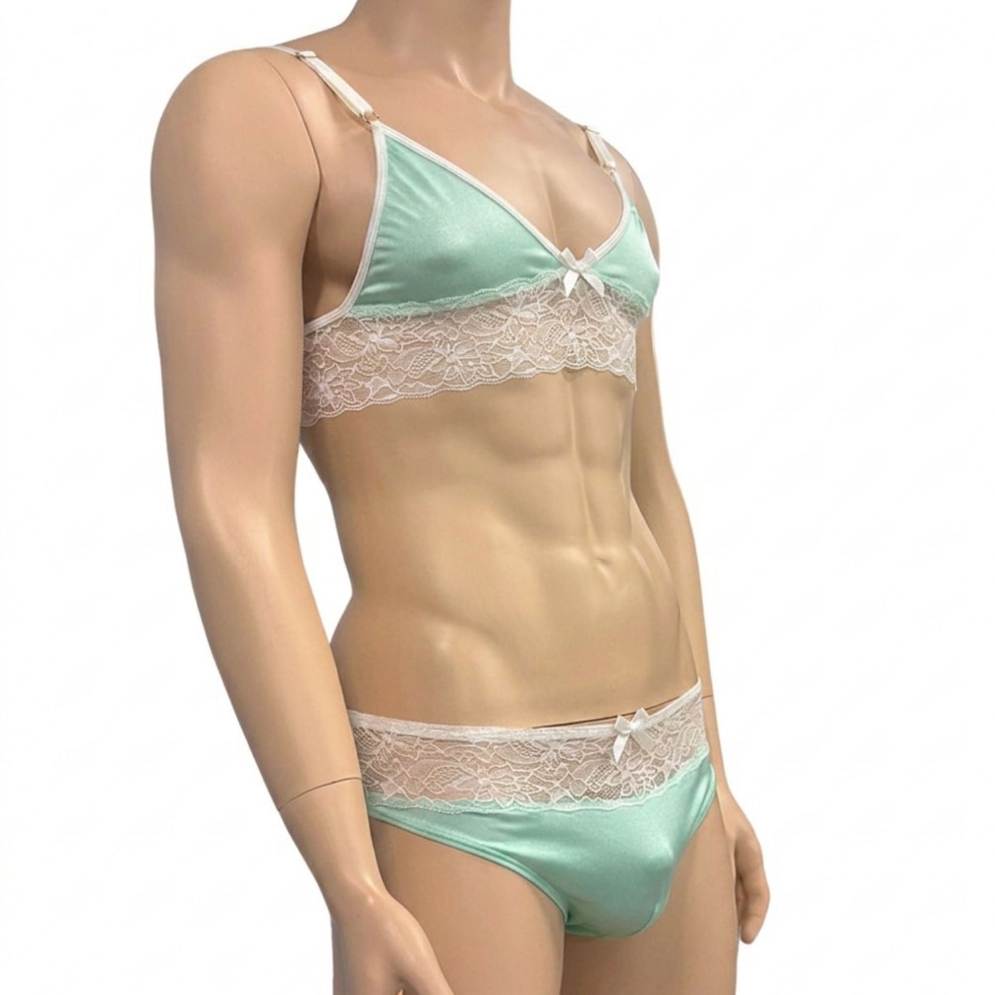 Mens Jackie & Lace Bra Top and Seamless Front Brief Mint & White Lace