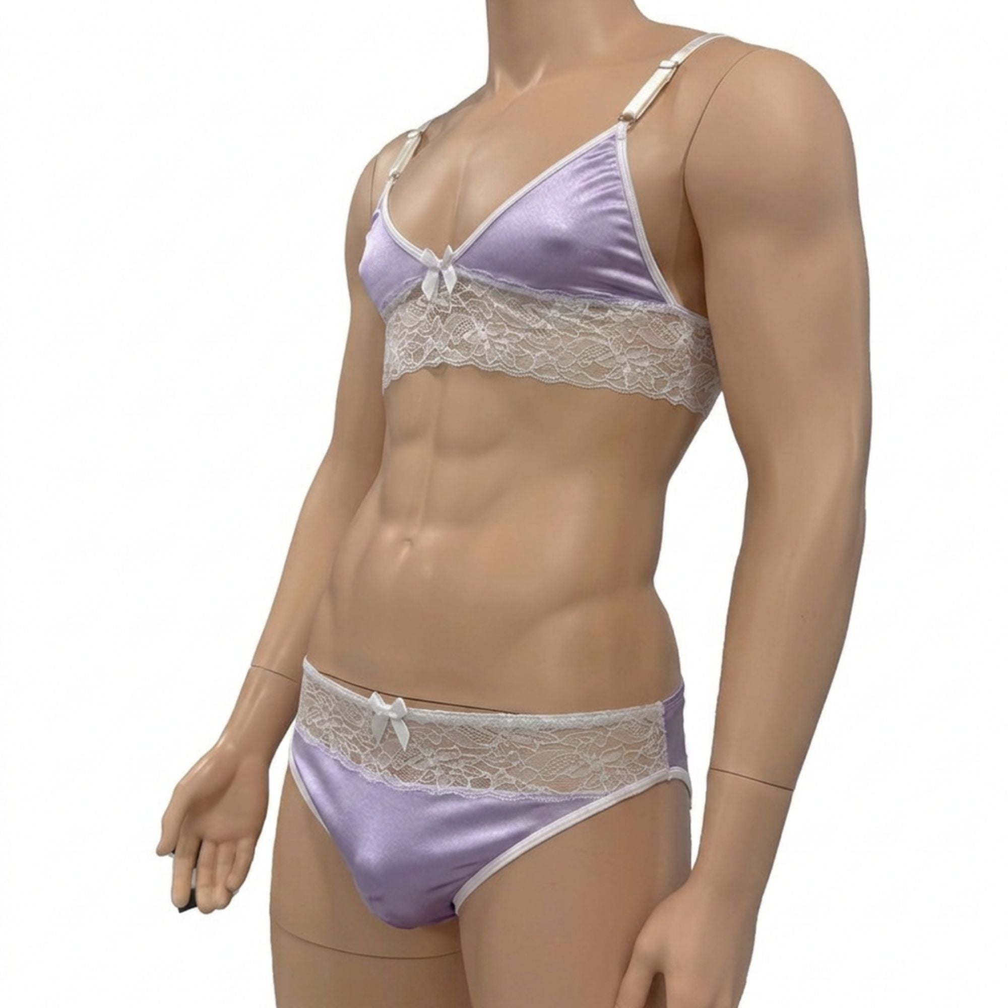 Mens Jackie & Lace Bra Top and Seamless Front Brief Lilac & White Lace
