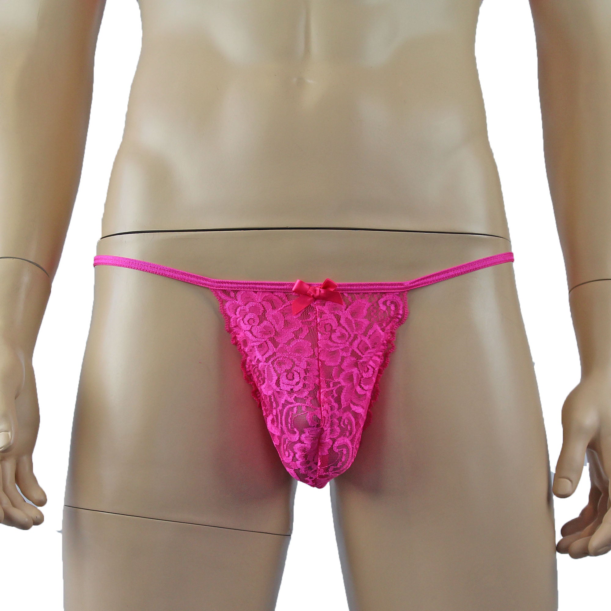 Mens Rebecca Pretty Floral Lingerie Lace Bra Top, Open Garter Boxer Shorts with G string Hot Pink