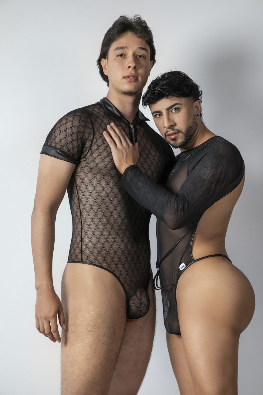 CandyMan 99902 Male Sheer Polo Inspired Geometric Mesh Bodysuit Black