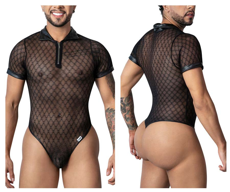 CandyMan 99902 Male Sheer Polo Inspired Geometric Mesh Bodysuit Black