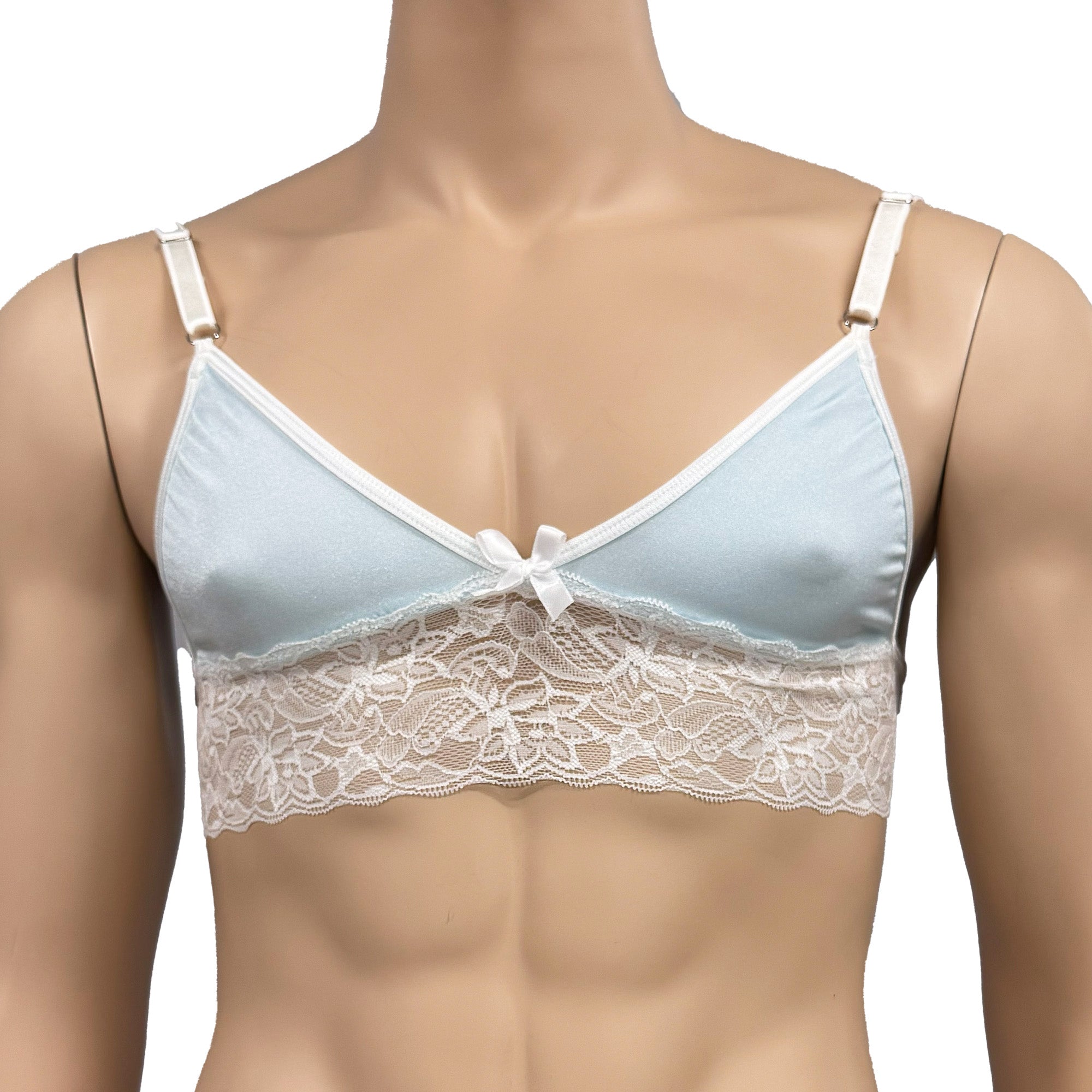Mens Jackie & Lace Bra Top with Fun & Flirty Detail (light blue & white lace plus other colours)