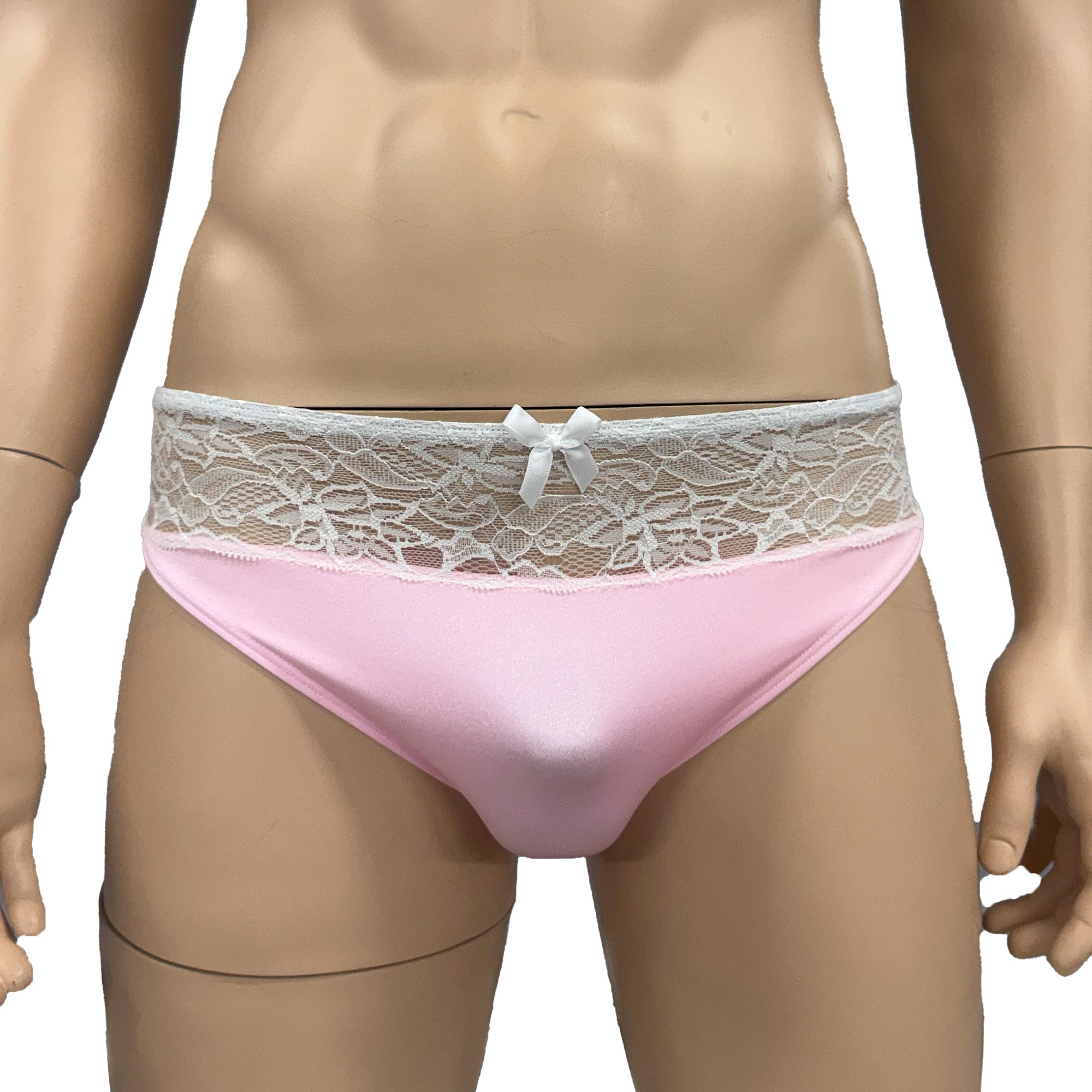 Mens Jackie Stretch Spandex Seamless Front Bikini Brief (light pink & white lace plus other colours)