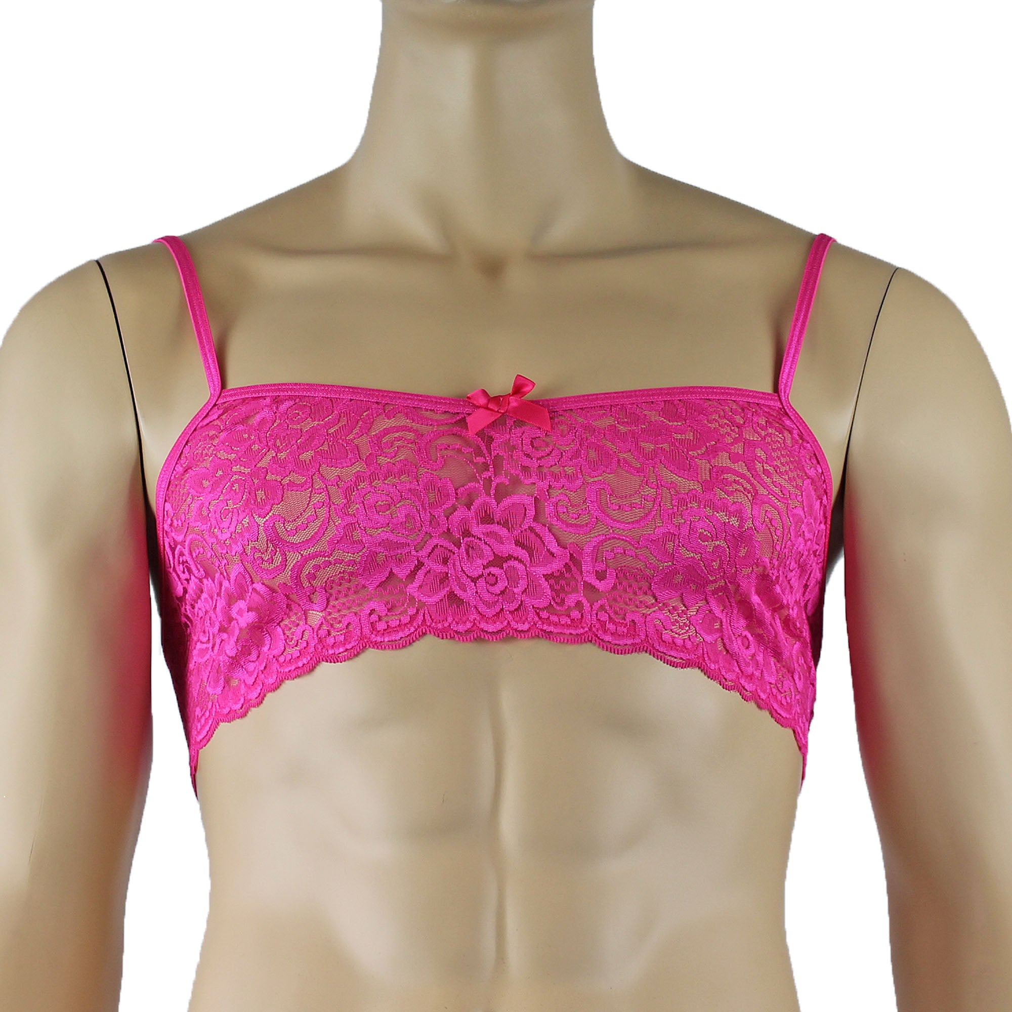 Mens Rebecca Pretty Floral Lingerie Lace Bra Top, Micro Mini Skirt and G string Hot Pink
