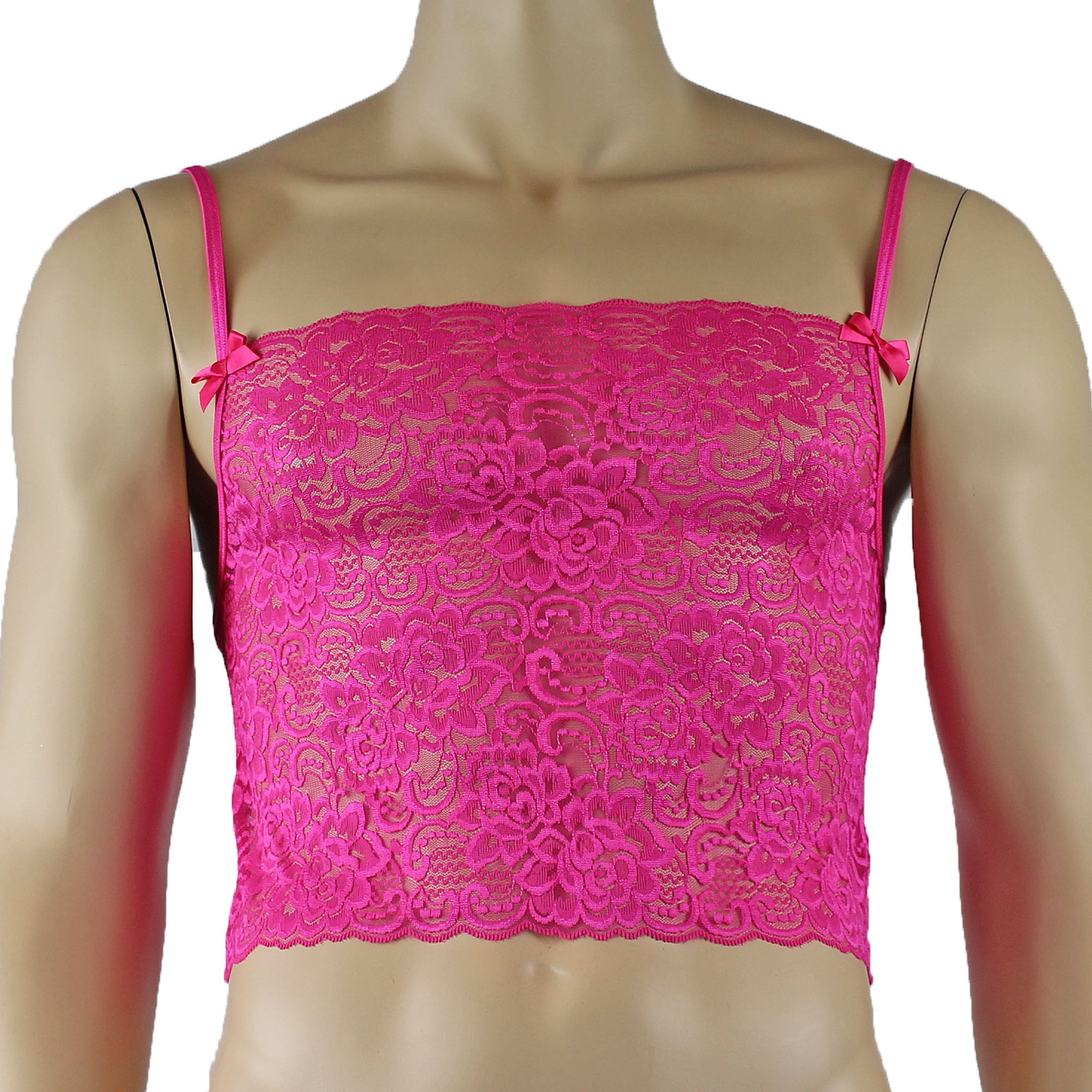 Mens Rebecca Pretty Floral Lingerie Lace Camisole Top, Micro Mini Skirt and G string Hot Pink