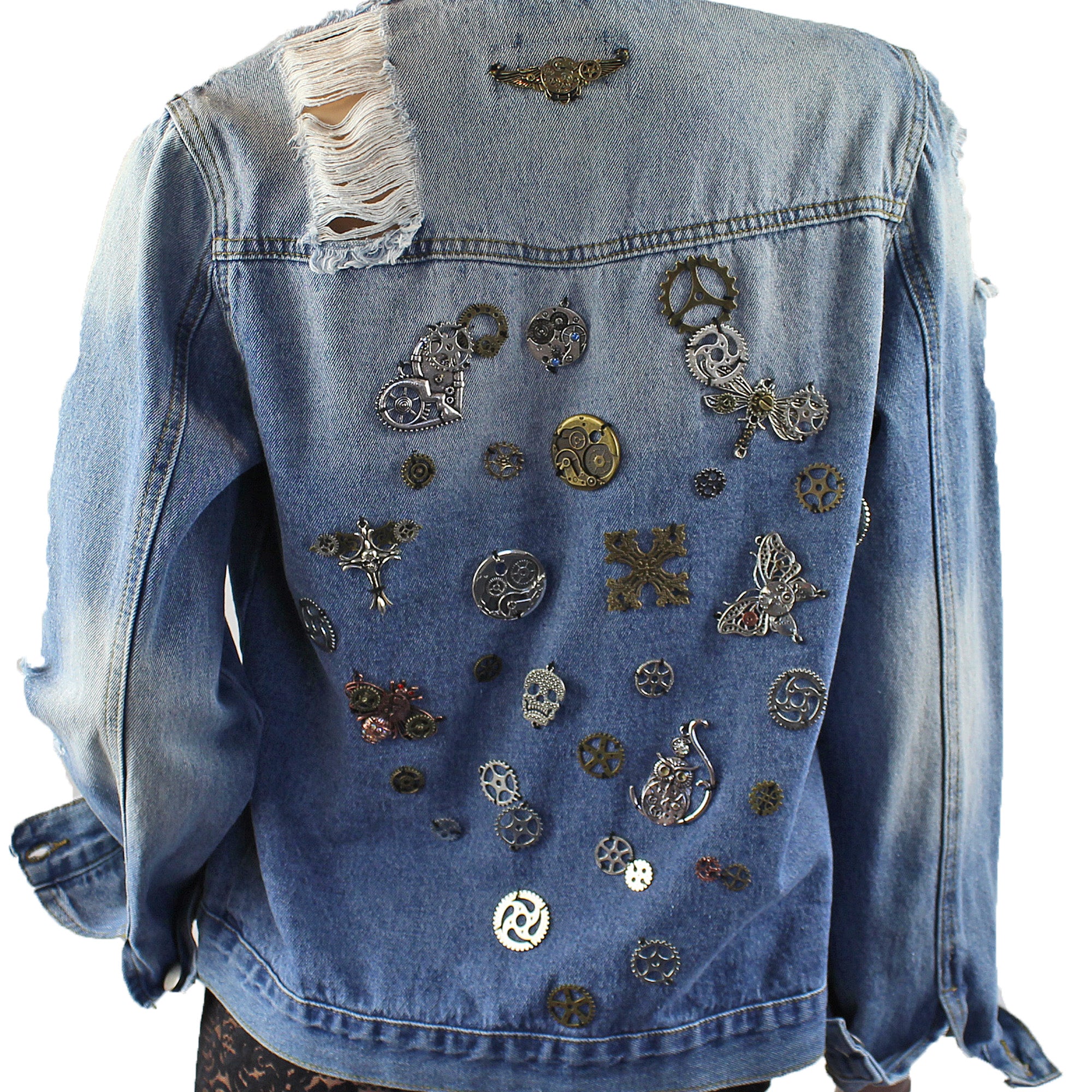 Jenni Re-Designed Denim Jacket with Metal Streampunk Embellishments & Distressed Look