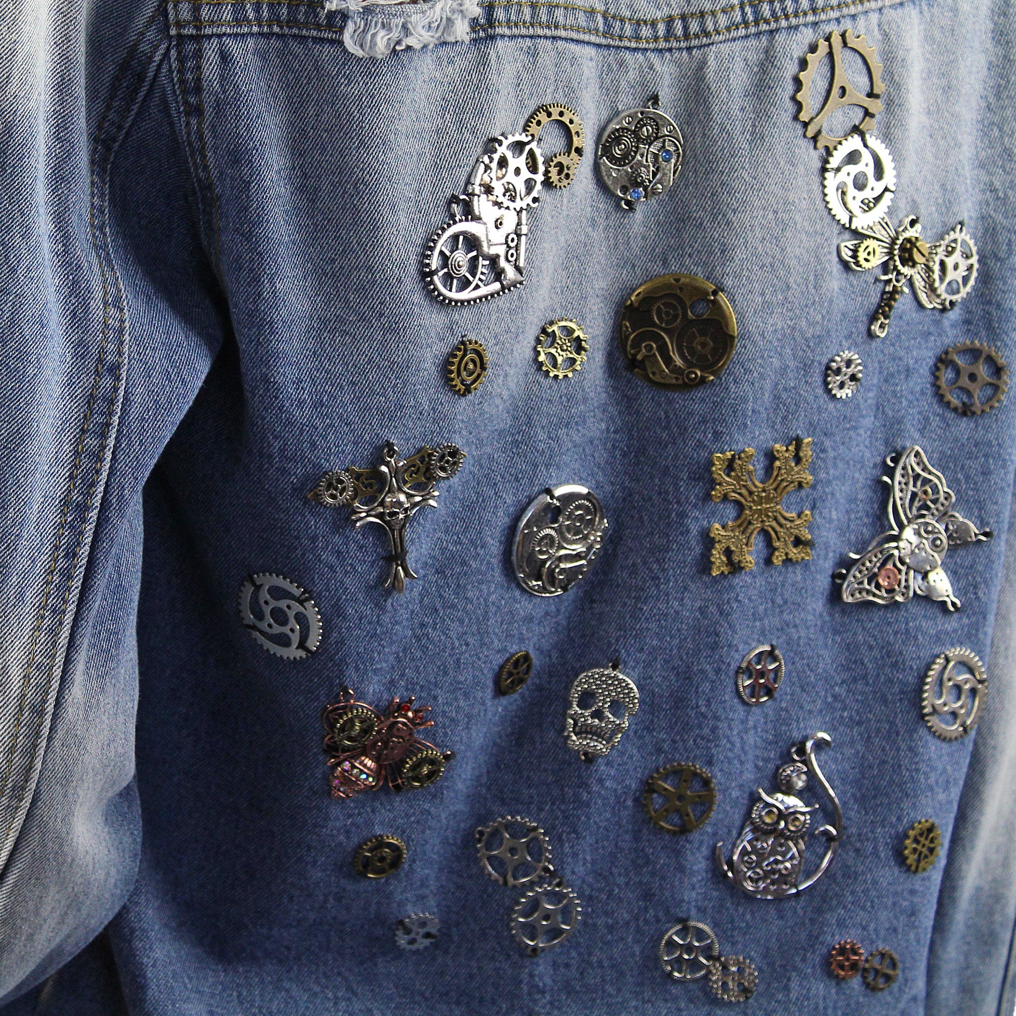 Jenni Re-Designed Denim Jacket with Metal Streampunk Embellishments & Distressed Look