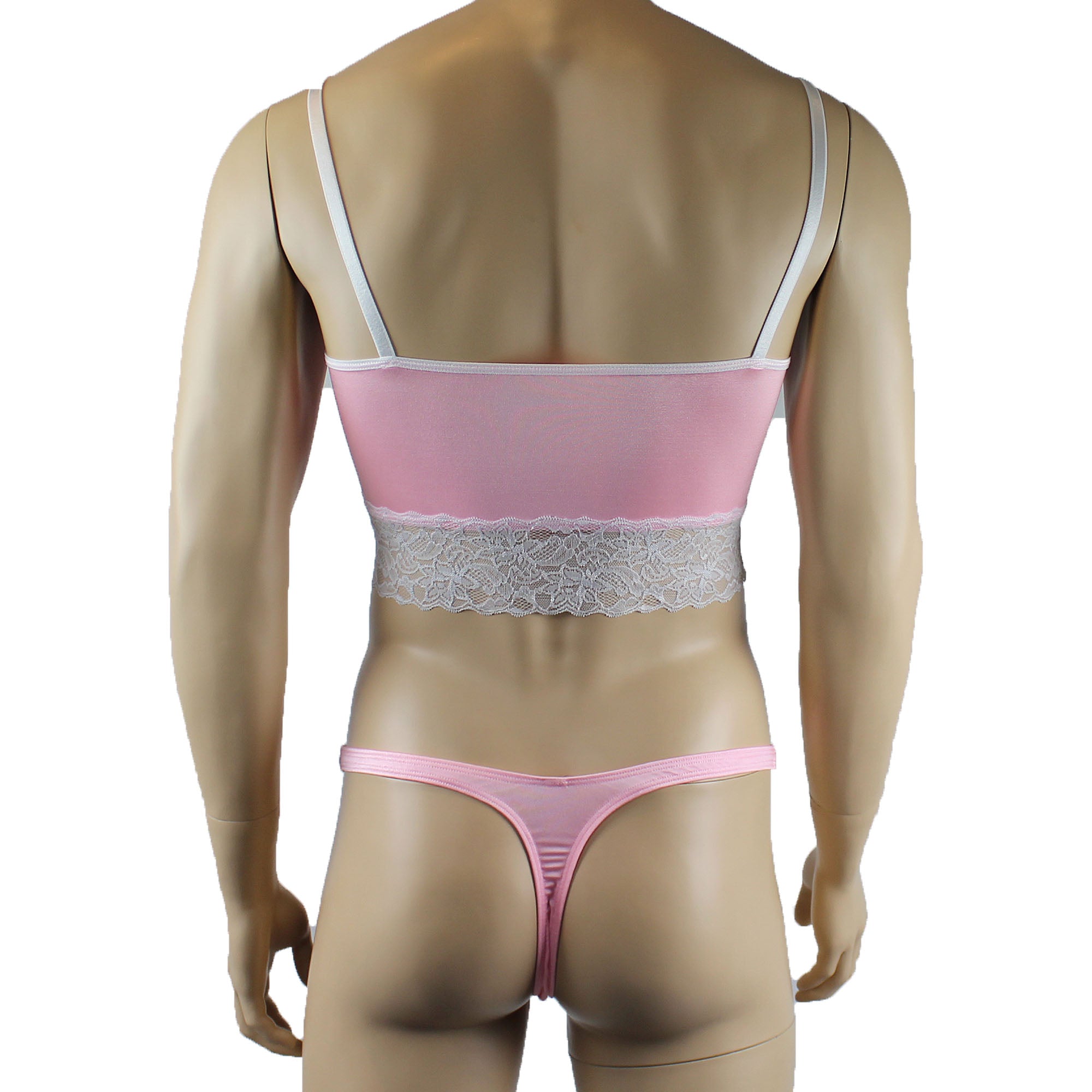Mens Joanne Satin & Lace Crop Cami Top with Sexy Thong - Sizes up to 3XL Light Pink and White Lace