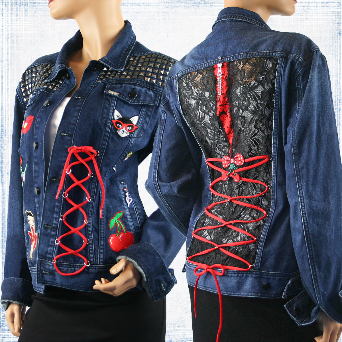 Lexie Re-Designed Retro Denim Jacket with Lace, Patches, Sexy Lacing & Distressed Look