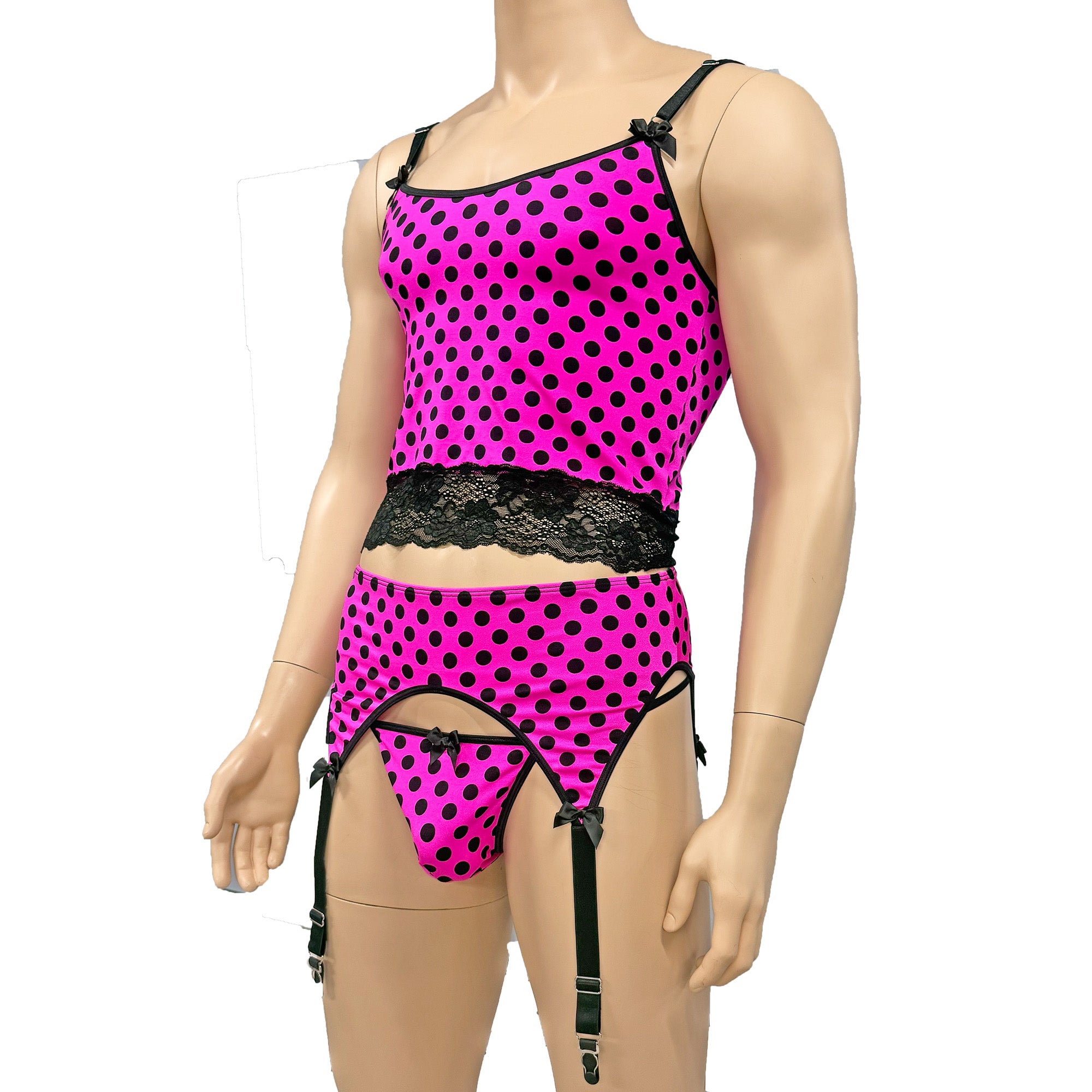 Mens Hot Pink Polka Dot with Black Lace Camisole Top with G string & Garterbelt