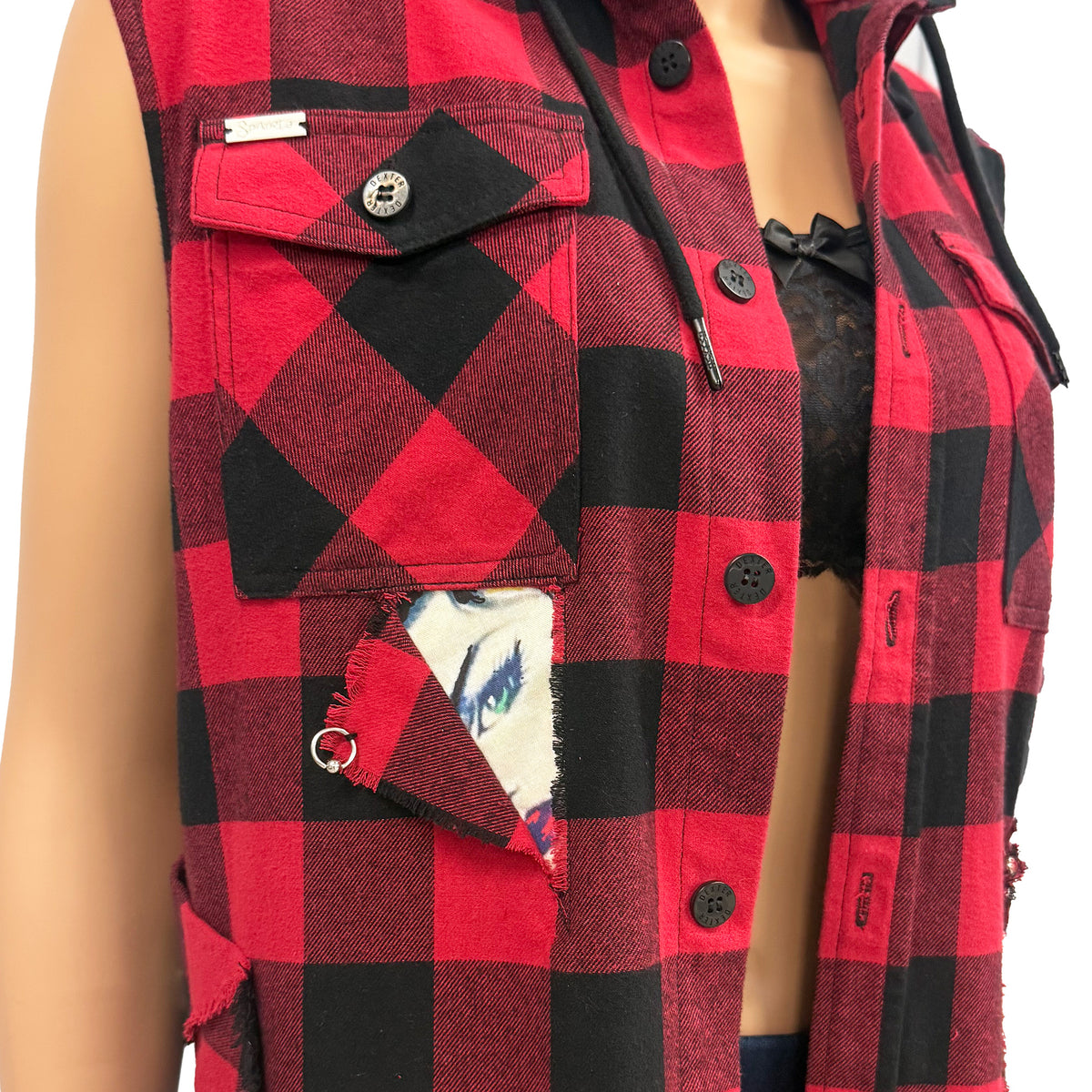 Rocky Re-Designed Plaid Unisex Top Vest Jacket with Inserts and Distressed Look
