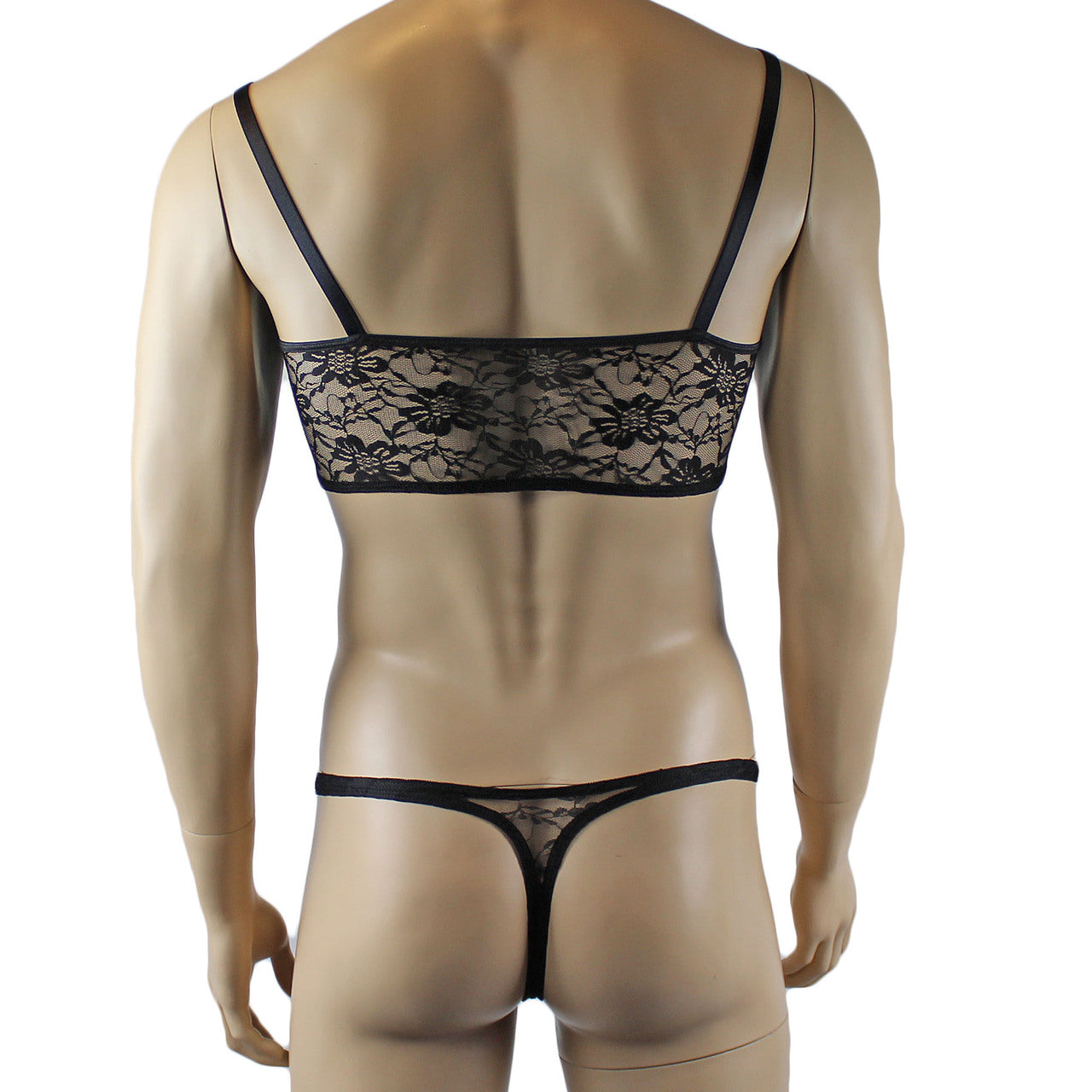 Mens Sexy Lace Crop Top Bra and Matching Lace Thong Black