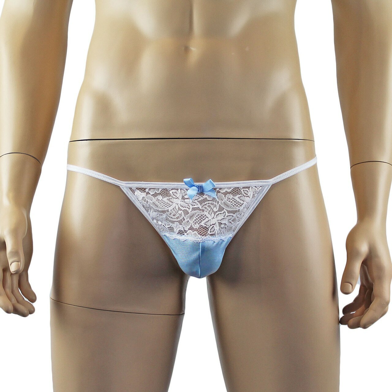 Mens Joanne Camisole Bustier Garter Top with Pouch G string - Sizes up to 3XL Light Blue and White Lace